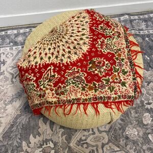 Vintage Hand Made Red Bohemian Challis Head Scarf with Fringe, Documentation